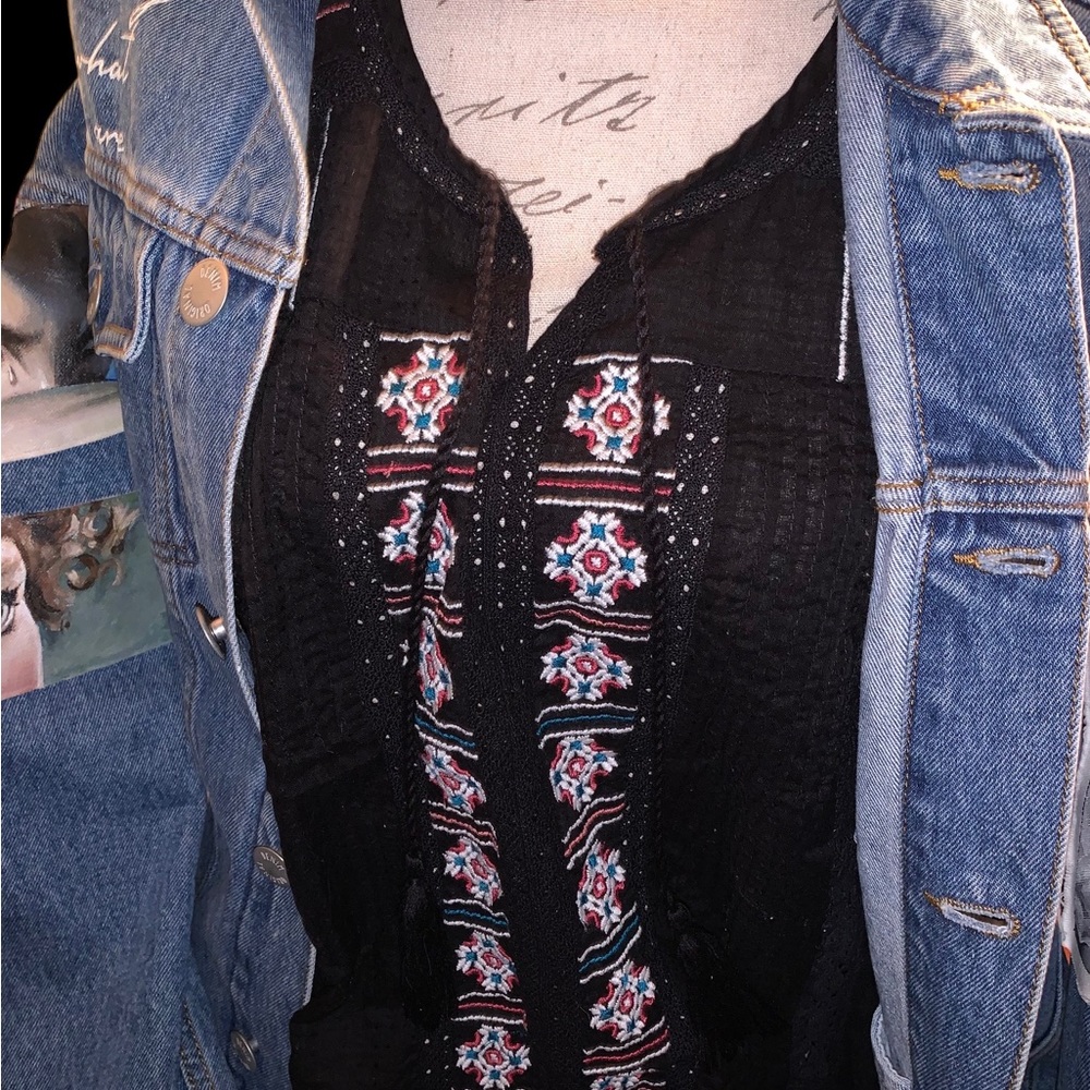 Great Northwest Indigo Embroidered Tribal Tank Top Tunic Blouse